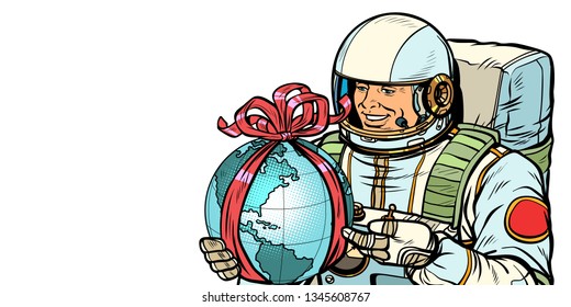 Earth day concept. Astronaut with a gift. Isolate on white background. Pop art retro vector illustration drawing kitsch vintage