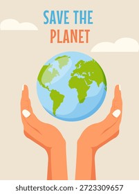 Concepto del Día de la Tierra, Anuncio, Ilustración vectorial. Dos manos sujetan suavemente el planeta Tierra, simbolizando el cuidado de nuestro mundo.