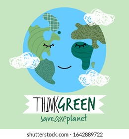 Earth Day concept with cute cartoon character of Planet Earth and green leaves, vector illustration