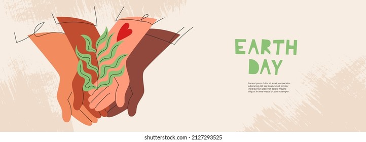 Earth Day concept with diverse women's hands holding green sprout vector cartoon illustration banner. Join eco volunteer team. People love nature. Sisterhood collaboration, friendship, ecology protect