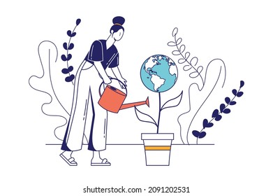 Concepto del Día de la Tierra en diseño de línea plana para banner web. Las aguas de las mujeres planeta a partir de la lata de agua. Cuidado ambiental y ambiente ecológico y moderno. Ilustración del vector en el estilo gráfico de contorno