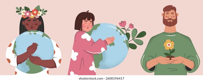 Earth Day concept in flat style design. Woman hugging planet globe. Man with flower. Eco friendly, save Earth, environmental protection. Isolated vector illustrations