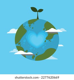 Earth day concept. Flat-style floating globe in the cloudy sky. Save our planet. Flat style vector isolated illustration.