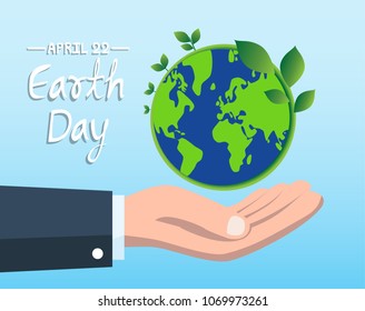 Earth Day concept with hand holding blue globe and green plant for environment of the world