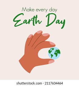 Earth Day Concept With Hand Holding Planet. Square Instagram Post. Flat Vector Illustration