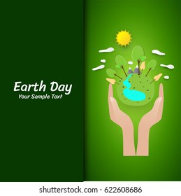 Earth day concept. Human hand holding Green Eco Earth and Trees, Mountain, river. Vector illustration.