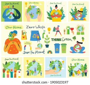Earth day concept. Human hands holding floating globe in space. Save our planet. Flat style vector isolated illustration.