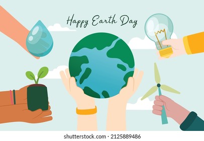 Earth Day Concept; Human Hands Holding Globe; Sprout; Wind Power Wheel; Water; And Light Bulb; Vector; Illustration