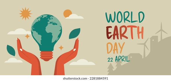 earth day concept with human hands holding light bulb shape planet for environment care, save the world banner background, flat vector illustration design