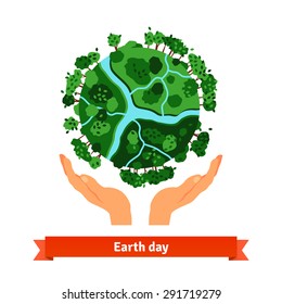 Earth day concept. Human hands holding globe. Save our planet. Flat style vector illustration isolated on white background.