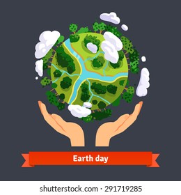 Earth day concept. Human hands holding floating globe in space. Save our planet. Flat style vector isolated illustration.