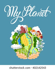 Earth day concept. Human hands holding floating globe in space. Save our planet. Flat style vector isolated illustration.