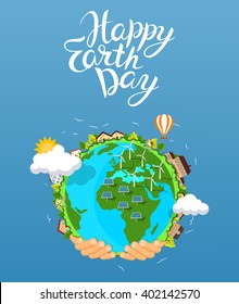 Earth day concept. Human hands holding floating globe in space. Save our planet. Flat style vector isolated illustration.