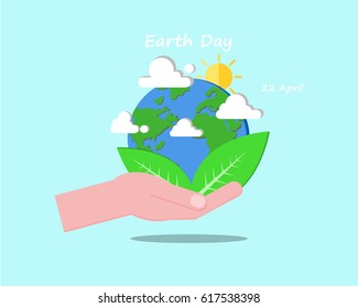 Earth day concept. Human hands hold  globe and leaves. Flat style vector isolated illustration.