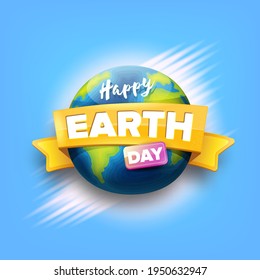 Earth day concept illustration or banner with earth globe and flying space plane isolated on violet sky background. Vector World earth day concept poster illustration with planet Earth in sky