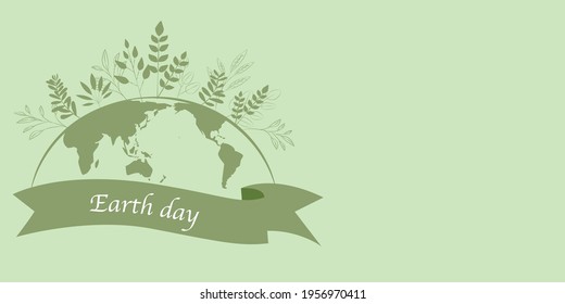 Earth day concept illustration. Green planet with natural leaves and ribbon. Vector illustration.