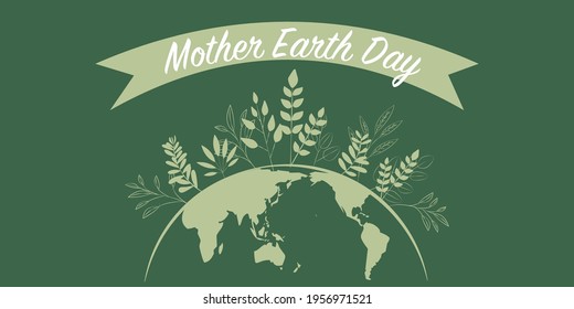 Earth day concept illustration. Green planet with natural leaves and ribbon. Vector illustration. Earth day background.