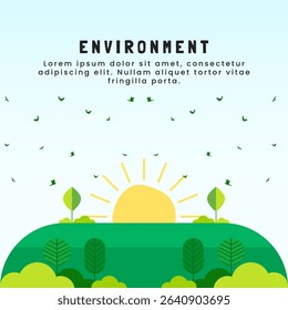 Earth day concept, illustration of trees and hills with sun and flying birds. Vector illustration