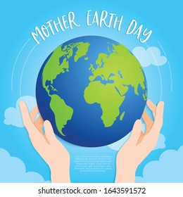 Earth day concept infographic, Vector illustration, Earth in hands on sky blue background 