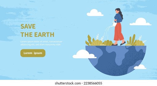 Concepto del Día de la Tierra. Festividades y festivales internacionales. Activista ambiental y sociedad responsable. El cuidado de la naturaleza y el medio ambiente. Planta de agua para mujeres. Dibujo vectorial plano de dibujos animados