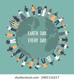 Earth Day Concept. large Group of People. Men Women Holding Hands, Stand around Globe. Multicultural group of people. Diversity. Vector illustration in green, white, black, yellow