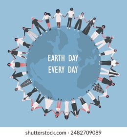 Earth Day Concept. large Group of People. Men, Women Holding Hands, Stand around Globe. Multicultural Group of People. Diversity. Vector illustration in blue, white, black