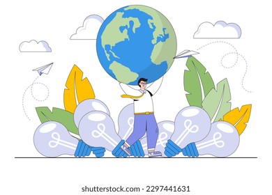 Earth day concept. Man saves the planet from pollution by standing on a dead light bulb and holding the planet in his hands. Outline design minimal vector illustration for landing page, web banner.