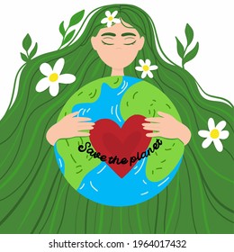 Earth day concept. Mother nature is holding a floating globe in space. Save our planet. Earth Day. Save the planet. Flat style vector isolated illustration.