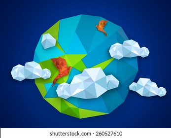 Earth day concept with origami globe, flying birds and clouds on blue background. 