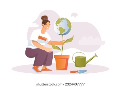 Earth day concept with people scene in the flat cartoon design. The girl cares about the environment. Vector illustration.
