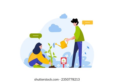 Earth day concept with people scene in the flat cartoon design. Friends promote ecological views and plant trees to help the planet. Vector illustration.