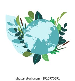 Earth day concept. Planet Earth in green leaves.  Vector illustration of World Environment Day. Environment protection, ecology icon, banner