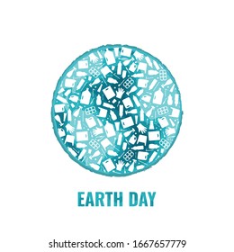 Earth day concept plastic trash planet pollution vector illustration. Round earth globe filled with plastic waste flat icons. Environmental protection concept, Earth plastic pollution problem graphic