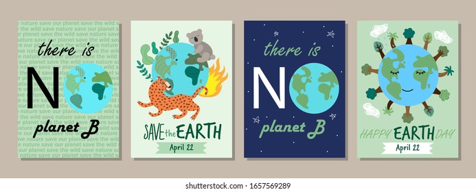 Earth Day concept posters with hand drawn Planet Earth and motivational text There is no planet B, vector illustration