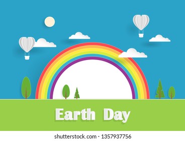 Earth day concept with rainbow, tree, clouds, sun and balloon, Paper art and digital craft style, Vector illustration  