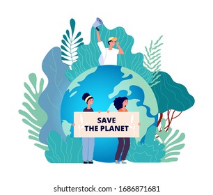 Earth day concept. Save planet, group with posters. Nature, international eco volunteering. Environment protection vector concept