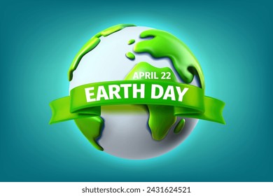 The Earth day concept. Vector illustration with the Earth and ribbon with inscription. 3d vector 