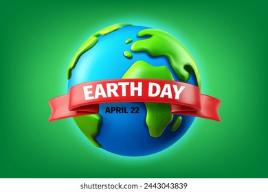 The Earth day concept. Vector illustration with the Earth and ribbon with inscription. 3d vector 