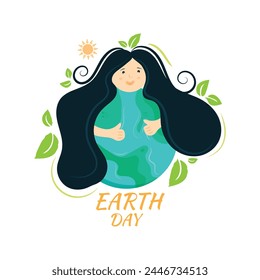 Earth Day concept vector illustration, Cute girl hugging earth, Save the planet.