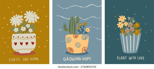 Earth Day concept vector set with cute hand-drawn potted plants, yellow cactus, and white flowers in decorative pots, representing home gardening and sustainable lifestyle.Earth tone for Earth Day.