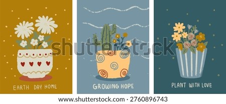 Earth Day concept vector set with cute hand-drawn potted plants, yellow cactus, and white flowers in decorative pots, representing home gardening and sustainable lifestyle.Earth tone for Earth Day.