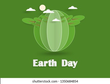 Earth day concept with world green trees clouds and sun, Paper art and digital craft style, Vector illustration  
