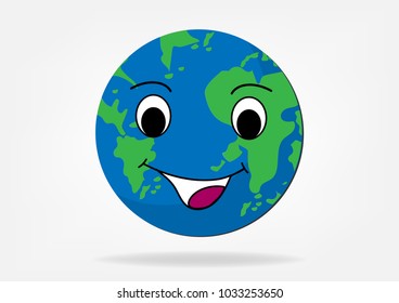 Earth day concept. world smile happy cute cartoon flat design funny face on white gray background with shadow