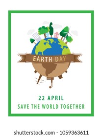 Earth day concept,22 April,The globe with brown ribbon and a green square border on white background, Vector illustration design.EPS10