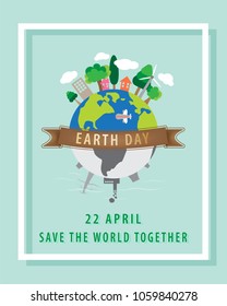 Earth day concept,22 April,The globe and brown ribbon with a white square border on a blue background,Vector illustration design.EPS10 