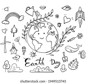 Earth day concept,line hand drawn on white background,vector illustration.Earth day doodle for April 22.