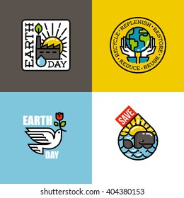 Earth day concepts set with eco-friendly factory at sunrise, human hands holding Earth, peace dove with red flower, cheerful whale at sunset. Creative flat line vector illustration