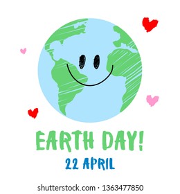 Earth day concert. Hand drawn happy earth planet with smiley face on the white background
