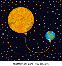 Earth Day. The Earth is connected to the sun. Alternative power supplies. Black background. Vector illustration. Space.