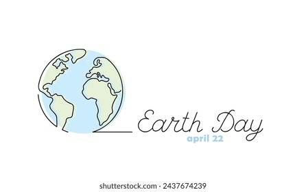 Earth Day continuous line drawing, hand drawn lettering with globe symbol, april 22, vector illustration